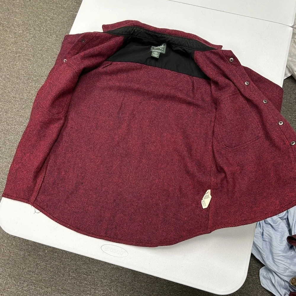 Woolrich Shirt Jacket Men M Burgundy Excellent Herringbone Wool Blend Snap Front